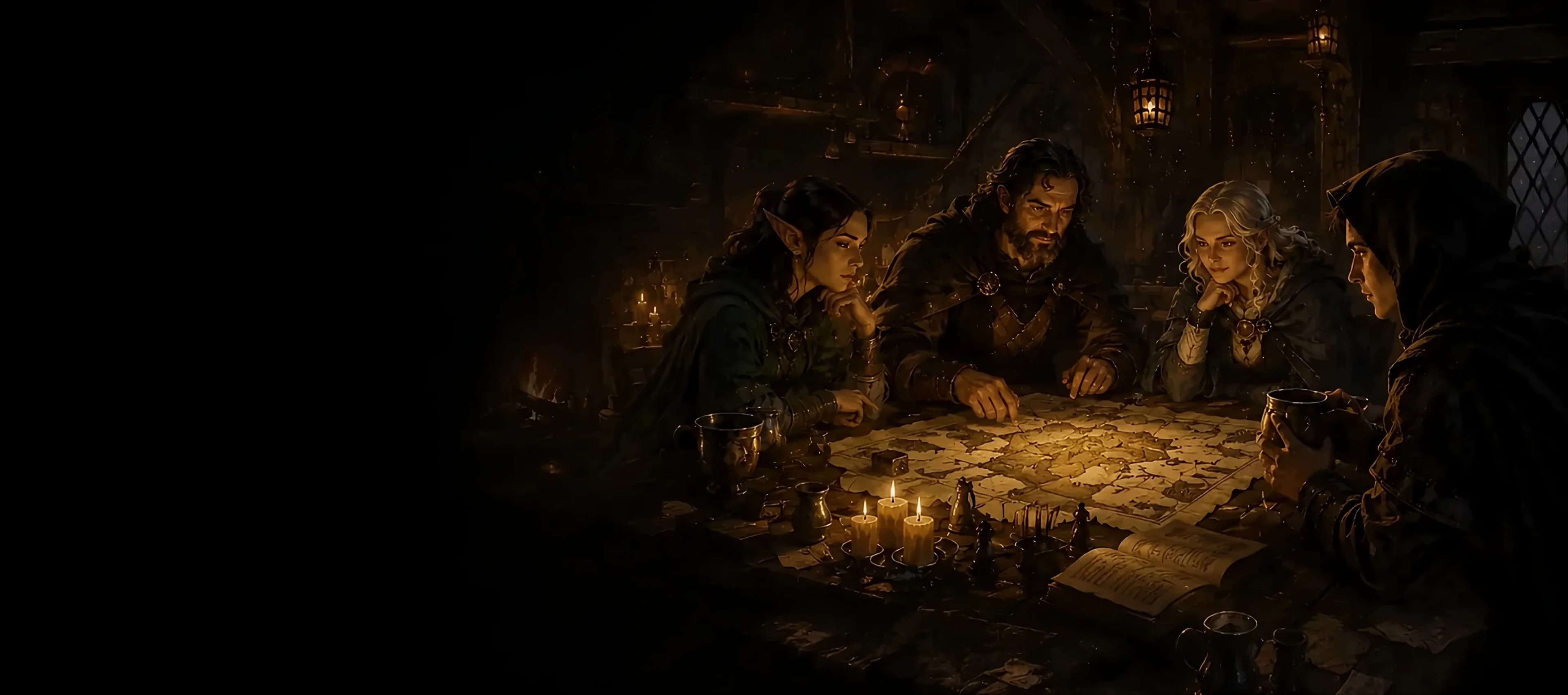Adventurers gathered around a tavern table