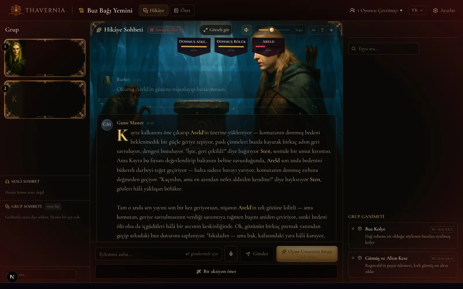 A combat turn from a Turkish-language campaign, exactly as it renders: enemy health hanging as banners across the top, the party's health on the left, the Game Master's turn in the middle. Not a word of the text was touched.